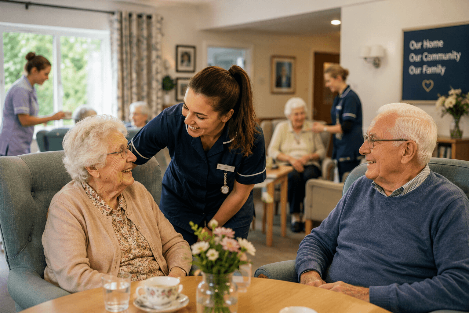 A carer sharing a warm moment with residents in a care home